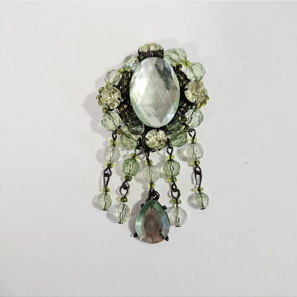 Vintage Victorian Revival Green Rhinestone Beaded Dangle Teardrop Brooch Pin